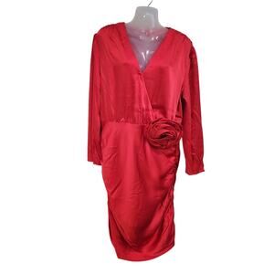 Future Collective Rose Accent Ruched Satin Shirt Dress Side Zip Red Size 16